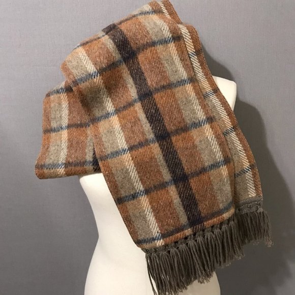 Brown Tan Taupe Plaid Wool Scarf - Picture 8 of 8